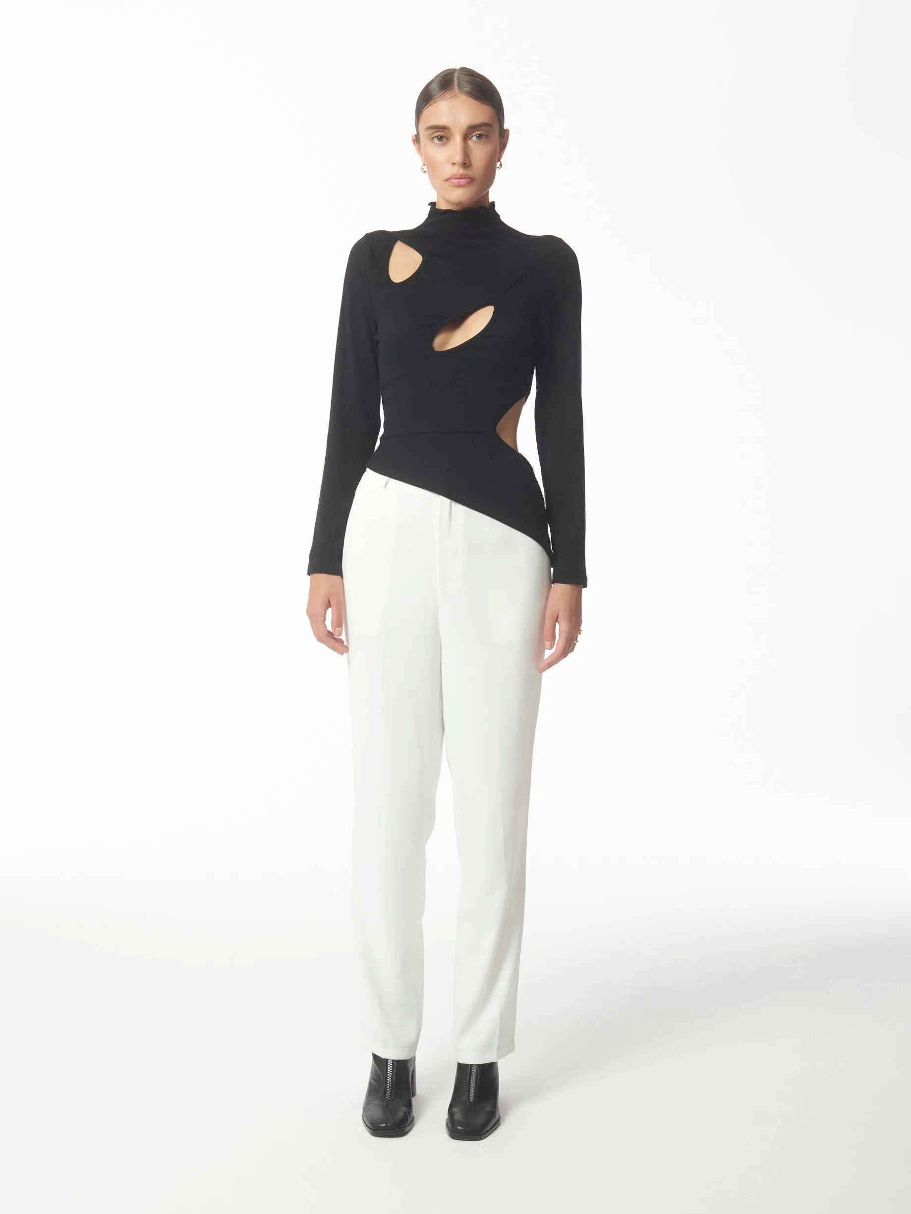 Asymmetric Cutout Stretch Knit Top in Black