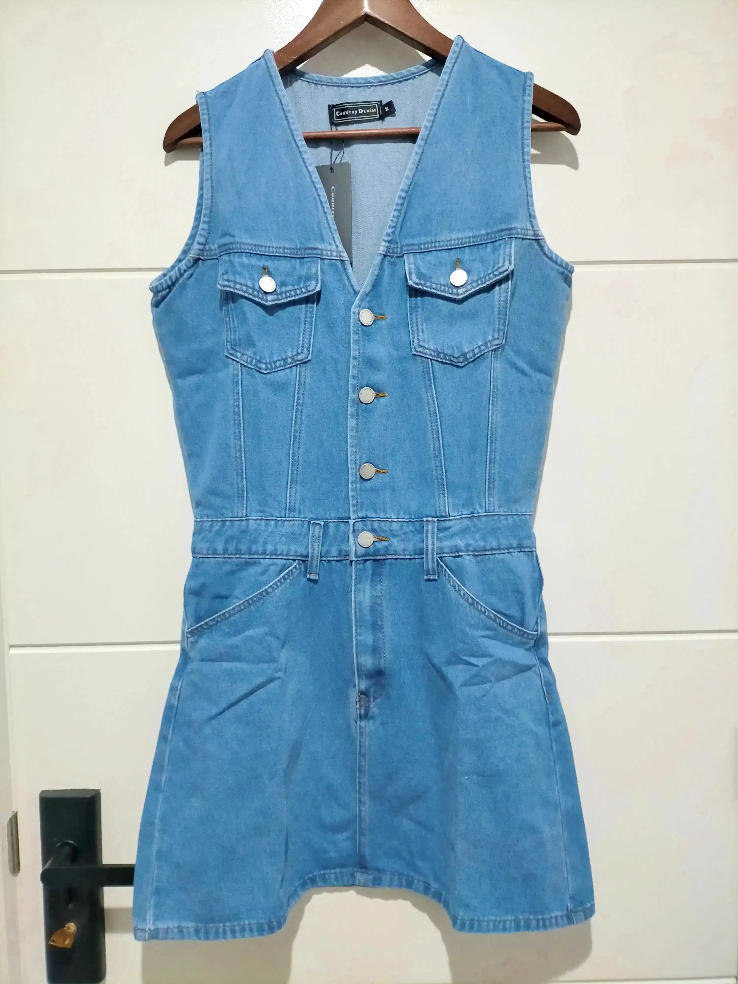 Bayside Denim Button Front Mini Dress Mid Blue