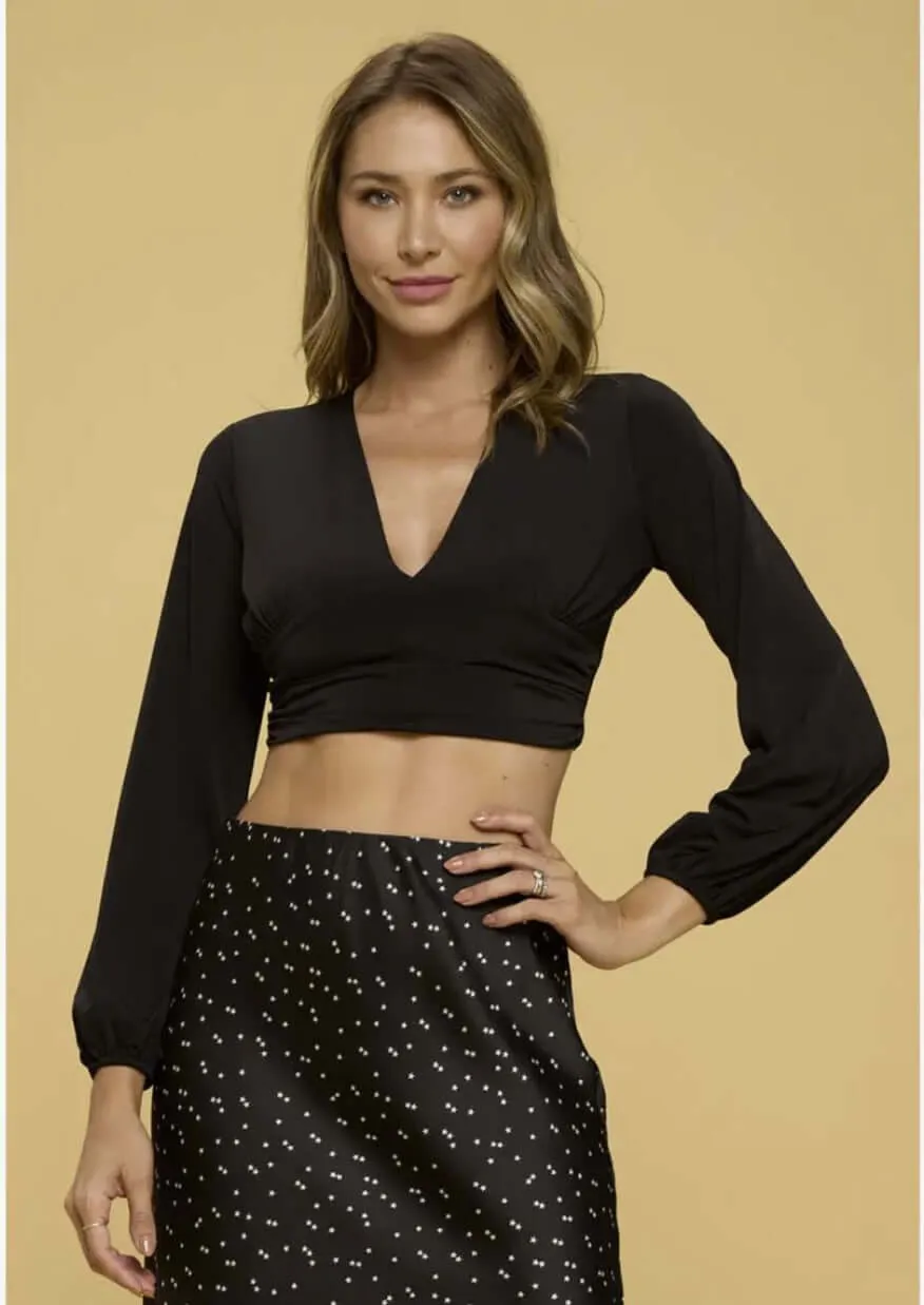 Be Daring Black V-Neck Long Sleeve Crop Top Made in USA