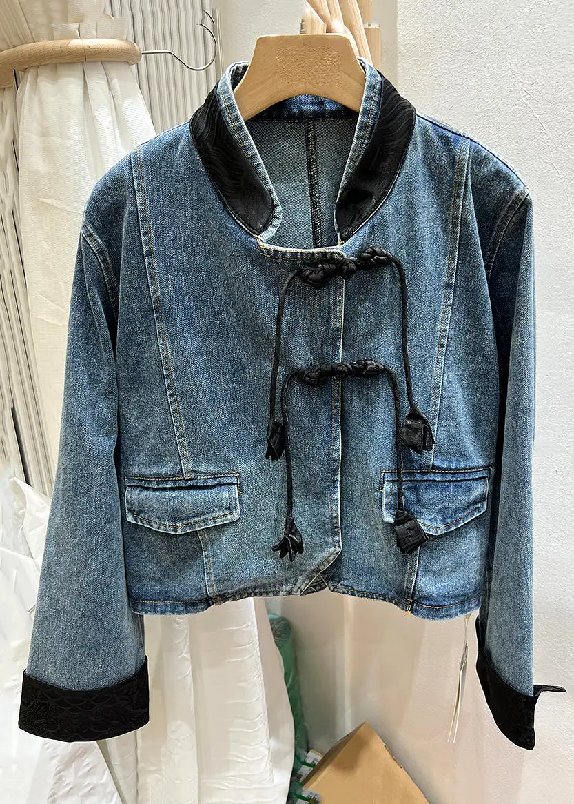 Black Button Patchwork Denim Coats Stand Collar Long Sleeve QA1064