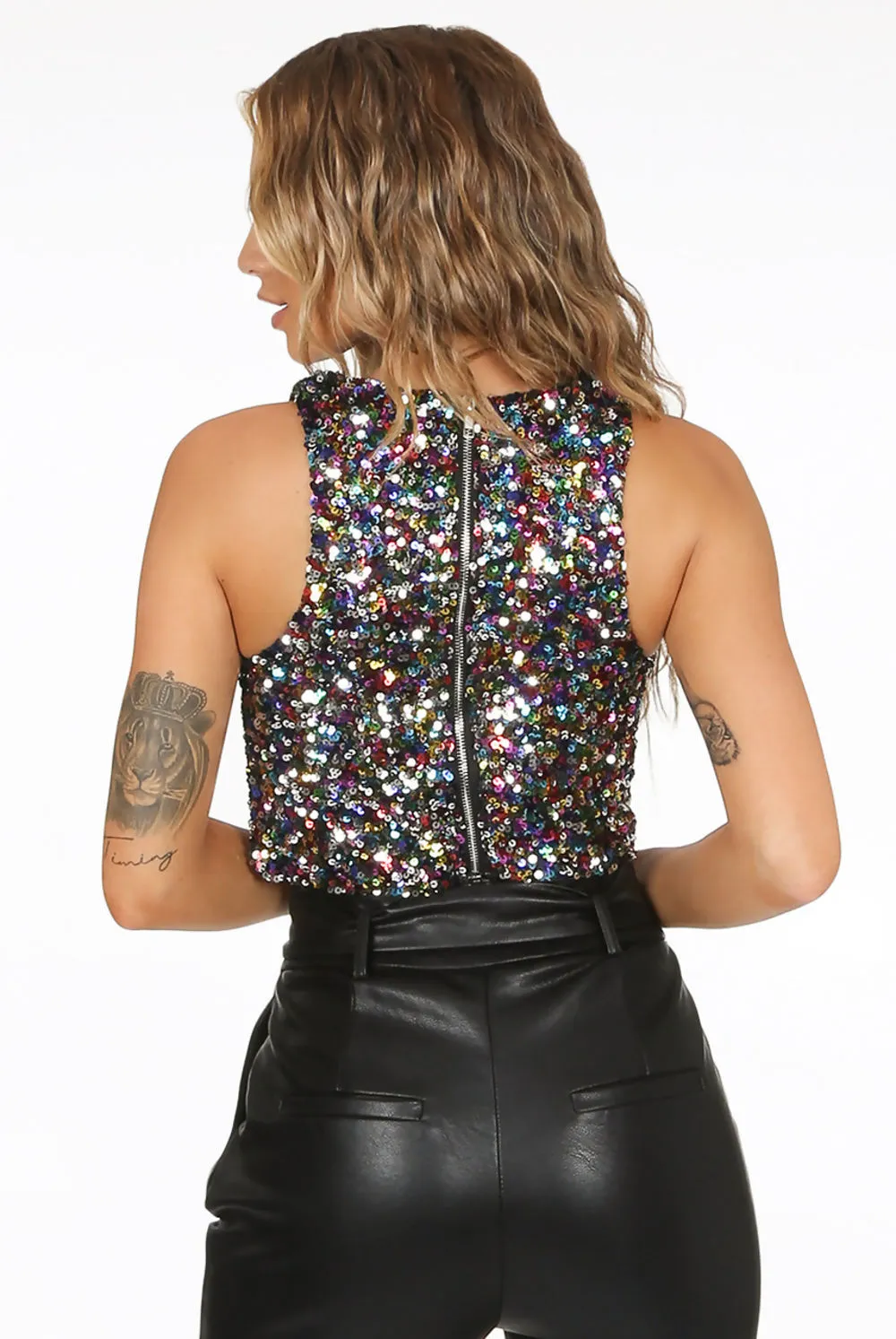 Black High Neck Sequin Crop Top 