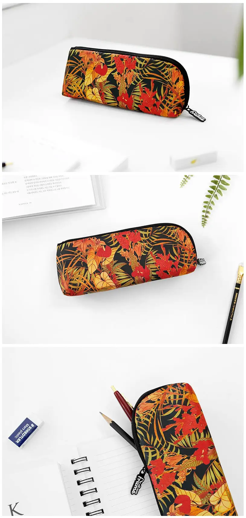 Black Orange Tropical Floral Flower Graphic Pencil Cases Stationery Zipper School 19cm Office organizers cosmetic pouches Gifts 