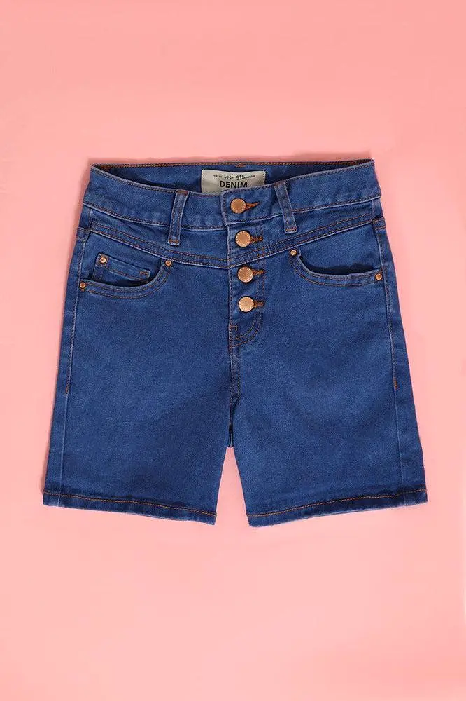 Blue Button Front Girls Shorts