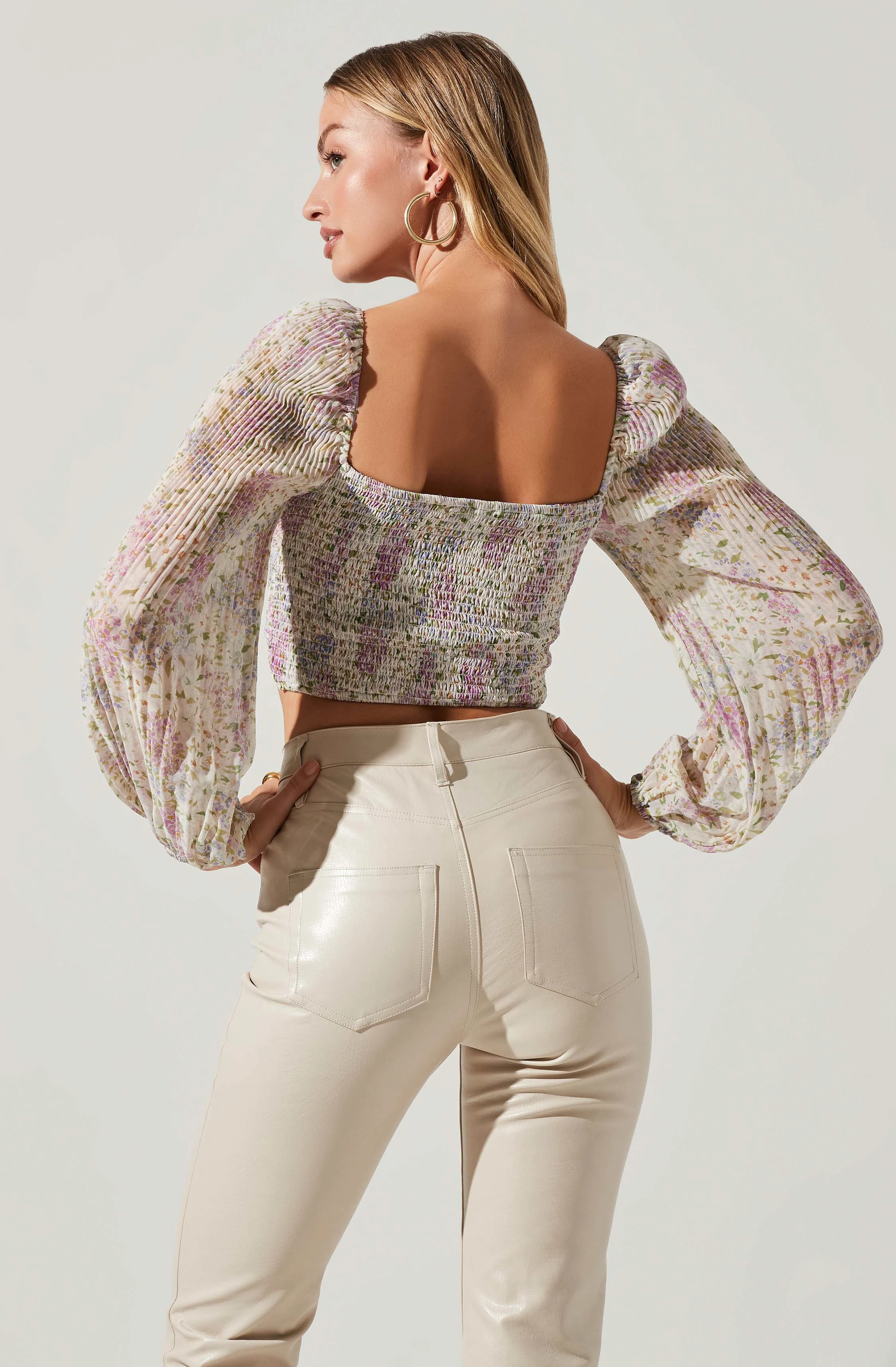 Bonnie Floral Plisse Long Sleeve Crop Top