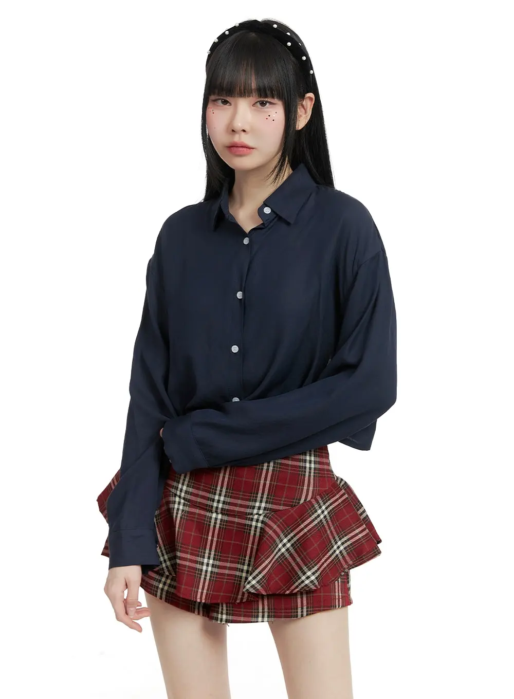 Buttoned Collar Cropped Blouse OM426