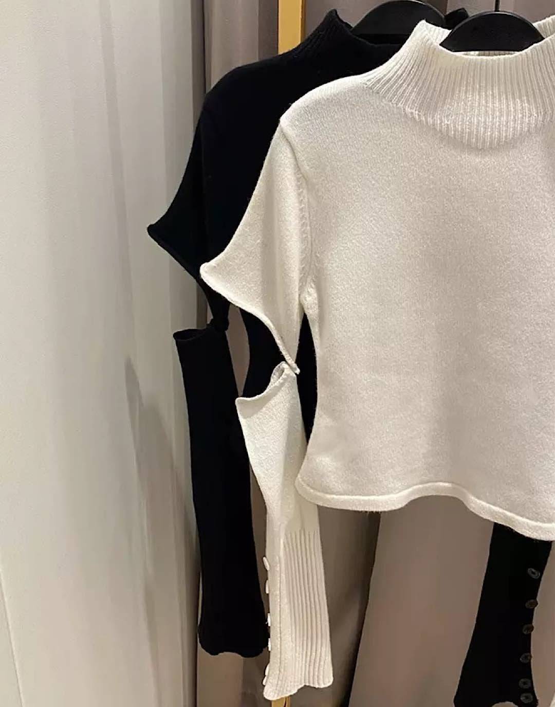 Buttoned Sleeve High Collar Knit Top