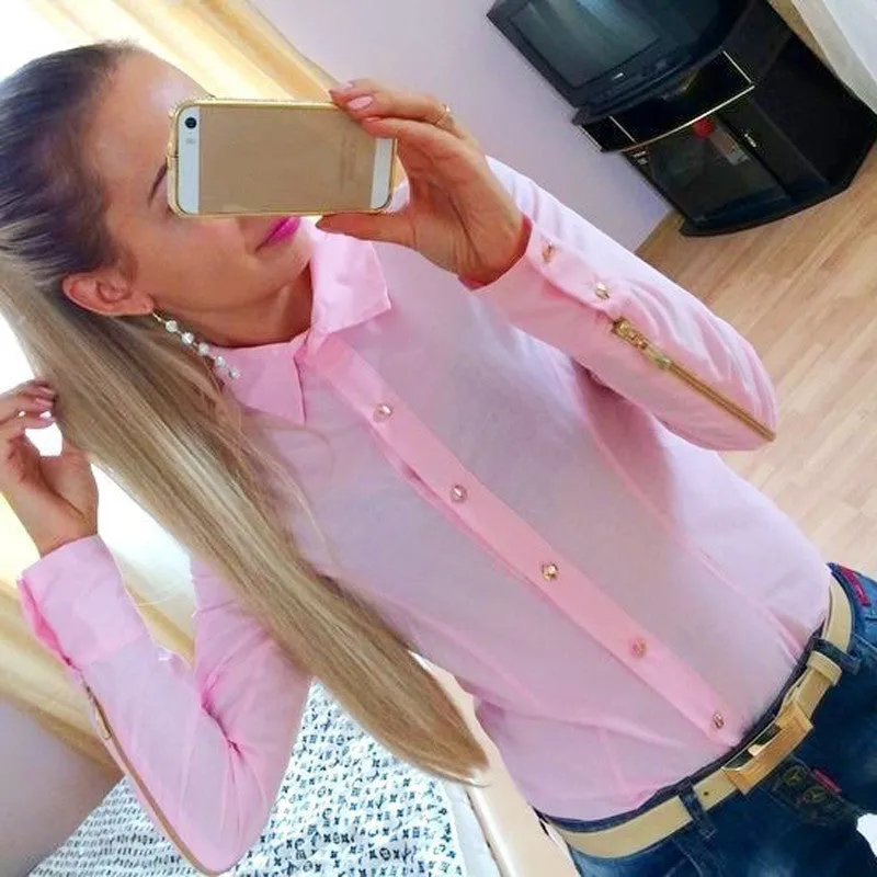 Casual Chiffon Shirt Women Long Sleeve Button Zipper Down Office Tops Shirt Blouses blusas y camisas mujer Plus Size