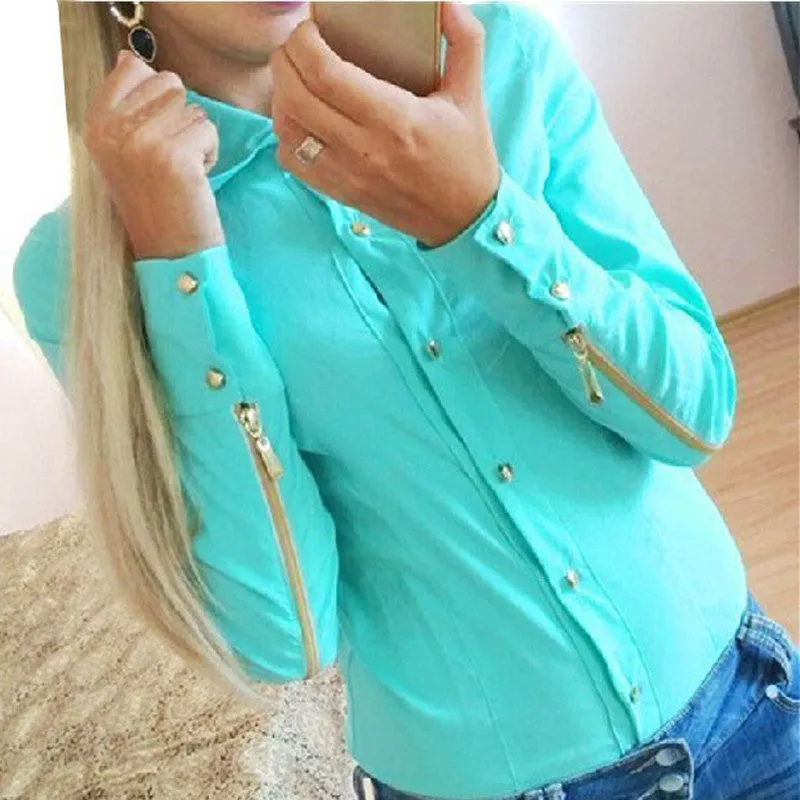 Casual Chiffon Shirt Women Long Sleeve Button Zipper Down Office Tops Shirt Blouses blusas y camisas mujer Plus Size