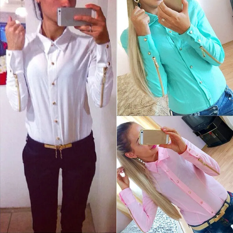 Casual Chiffon Shirt Women Long Sleeve Button Zipper Down Office Tops Shirt Blouses blusas y camisas mujer Plus Size