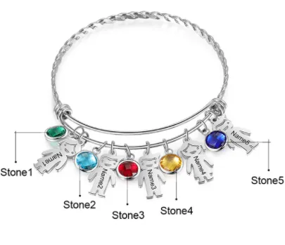 CBA103900 - Personalized up to 5 Children's Names and Birthstones Bangle, Stainless Steel