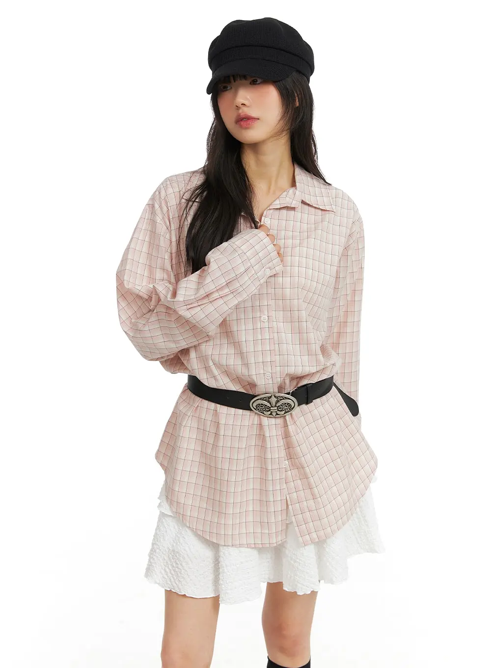 Collar Checks Button Long Sleeve Blouse CM413