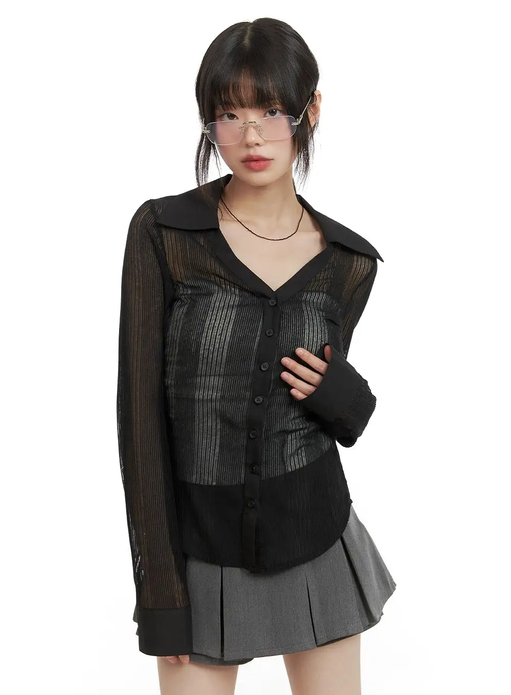 Collar See-Through Solid Long Sleeve CA412