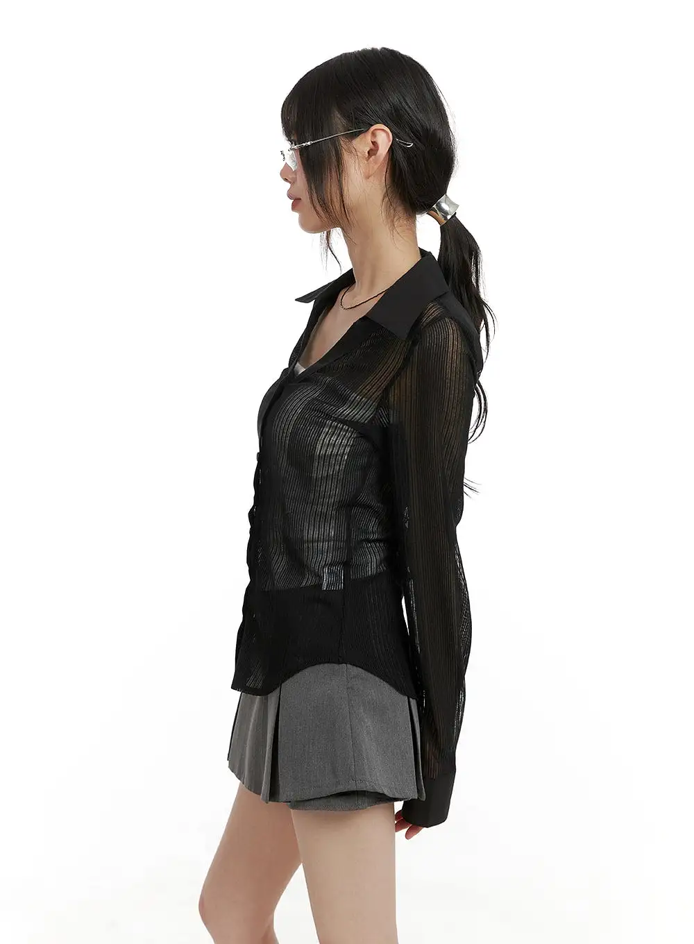 Collar See-Through Solid Long Sleeve CA412