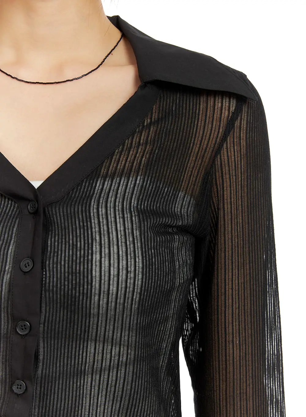 Collar See-Through Solid Long Sleeve CA412