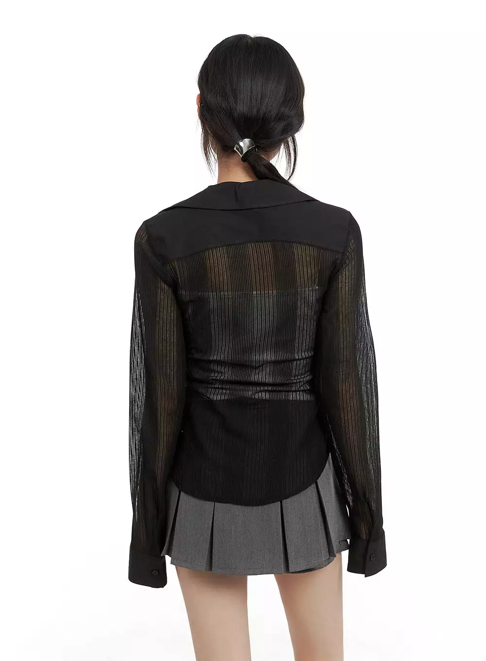 Collar See-Through Solid Long Sleeve CA412