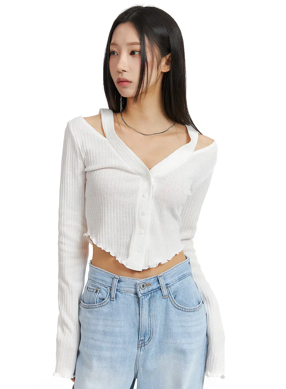 Cut Out Buttoned Long Sleeve Crop Top CJ408