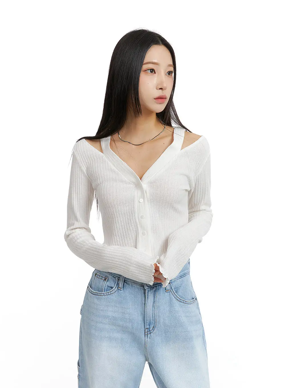 Cut Out Buttoned Long Sleeve Crop Top CJ408