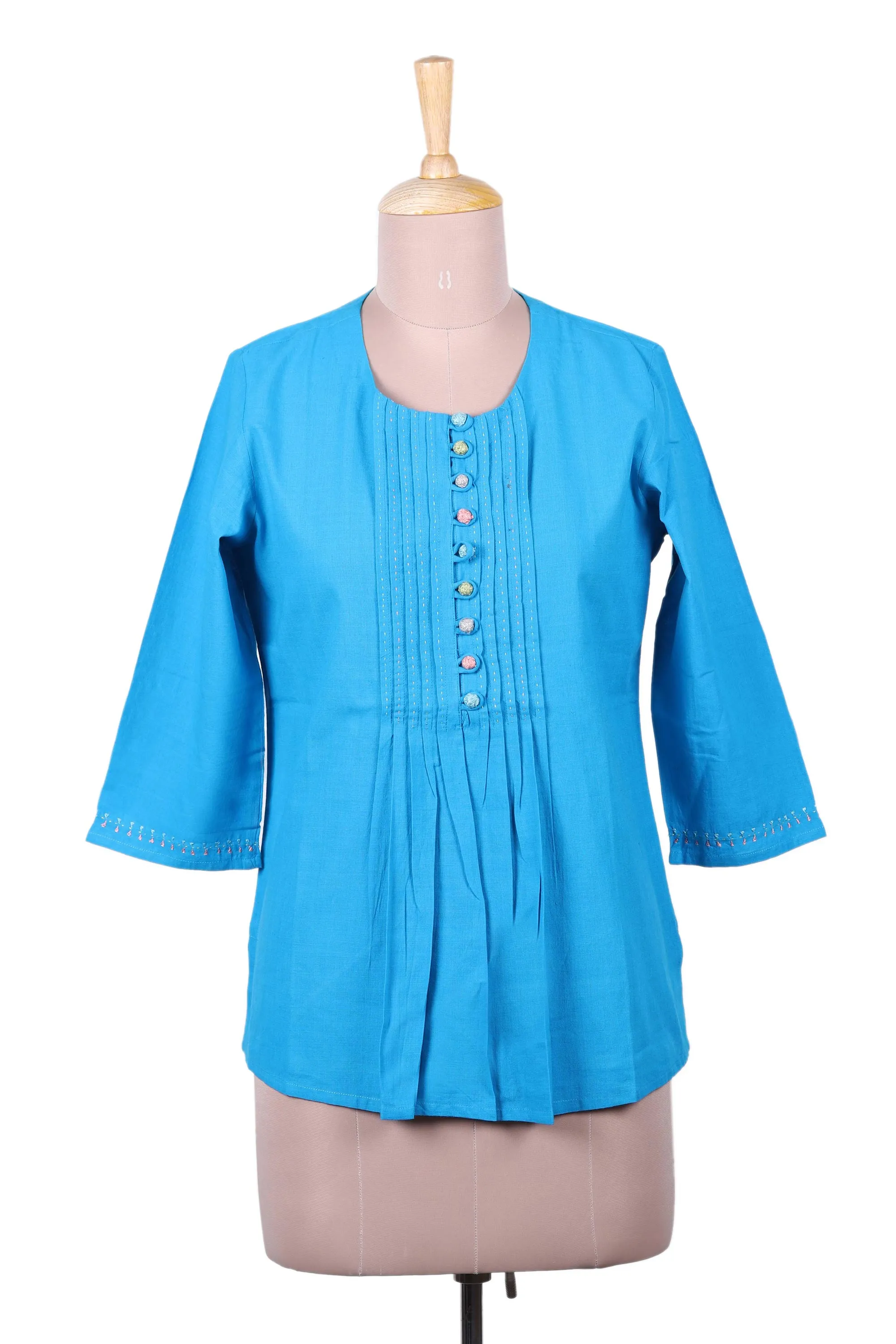 Cyan Blue 100% Cotton Embroidered Front Button Tunic, 