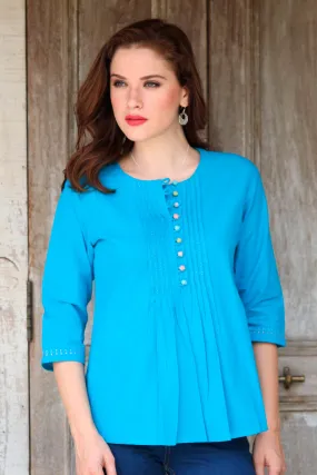 Cyan Blue 100% Cotton Embroidered Front Button Tunic, Elegant Cyan