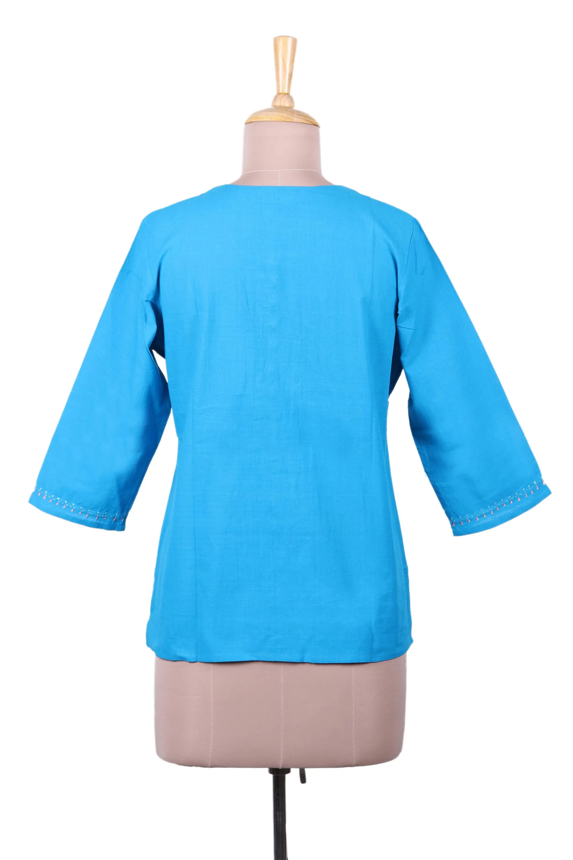 Cyan Blue 100% Cotton Embroidered Front Button Tunic, 