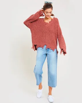 Distressed Hem Popcorn Yarn Knit V-Neck Sweater - Brick