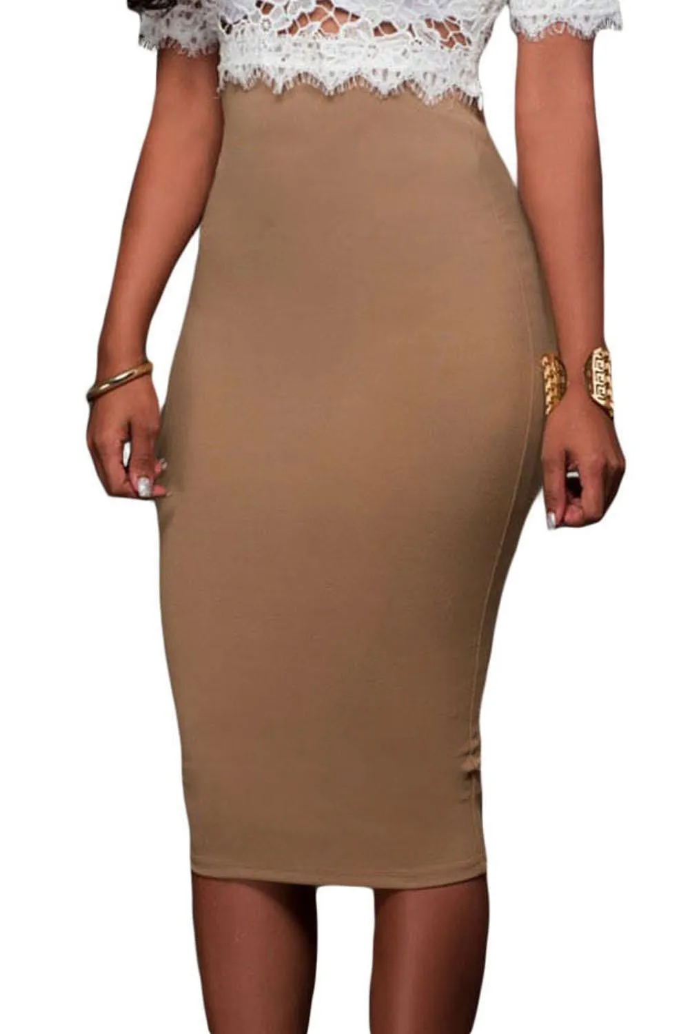 Elastic Waist High Waist Midi Skirt Bodycon White Pencil Skirt With Full-Length Back Zipper Knee Length Office Skirt SM6