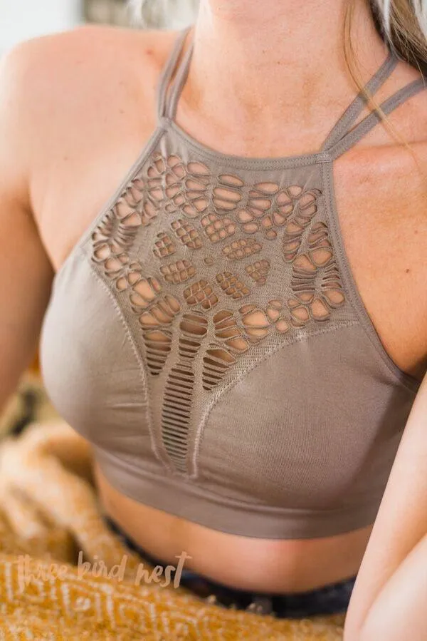 Floral Cut Out High Neck Bralette - Mocha