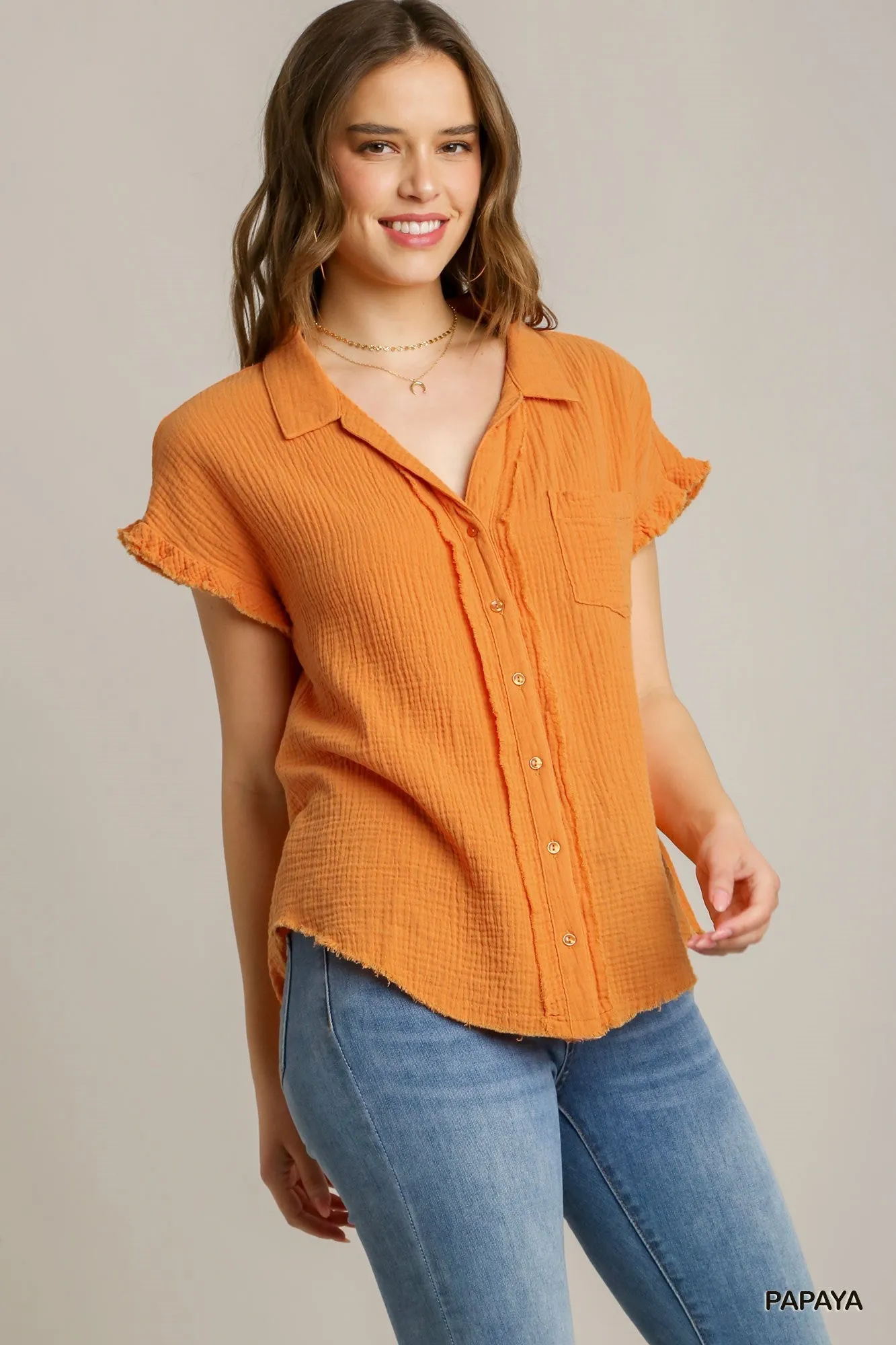 Frayed Hem Button Up Top