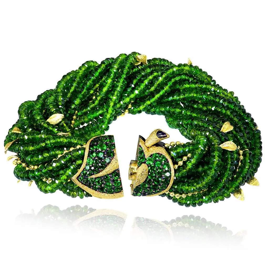 Gold Sunflower Leaf Bracelet with Chrome Diopside