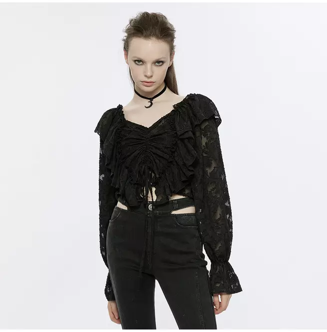 Gothic Black Lace V-Neck Long Sleeve Crop Top With Ruffle Details