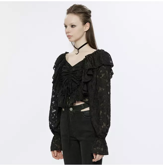 Gothic Black Lace V-Neck Long Sleeve Crop Top With Ruffle Details