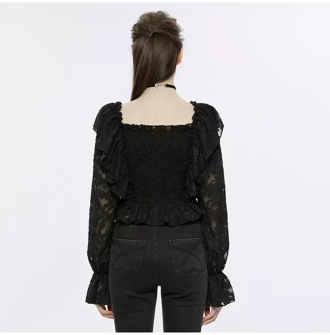 Gothic Black Lace V-Neck Long Sleeve Crop Top With Ruffle Details