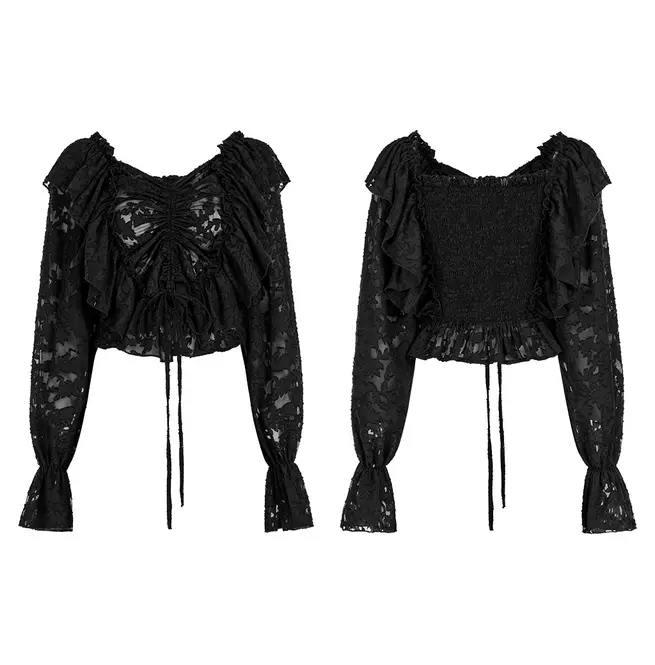 Gothic Black Lace V-Neck Long Sleeve Crop Top With Ruffle Details