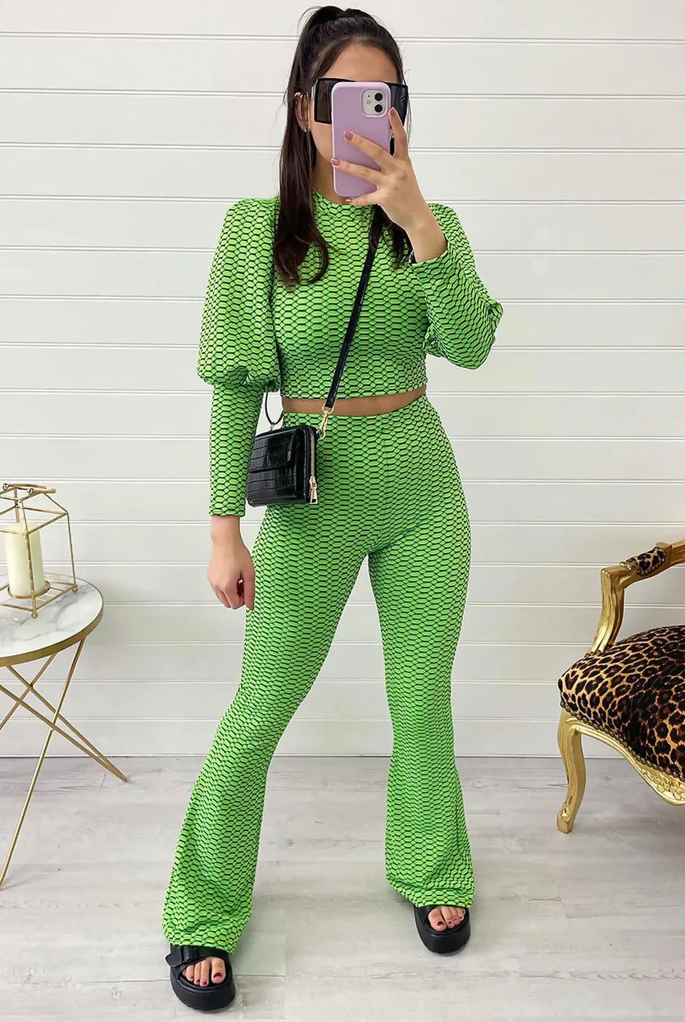 Green Printed Round Neck Crop Top & Flare Trouser Set