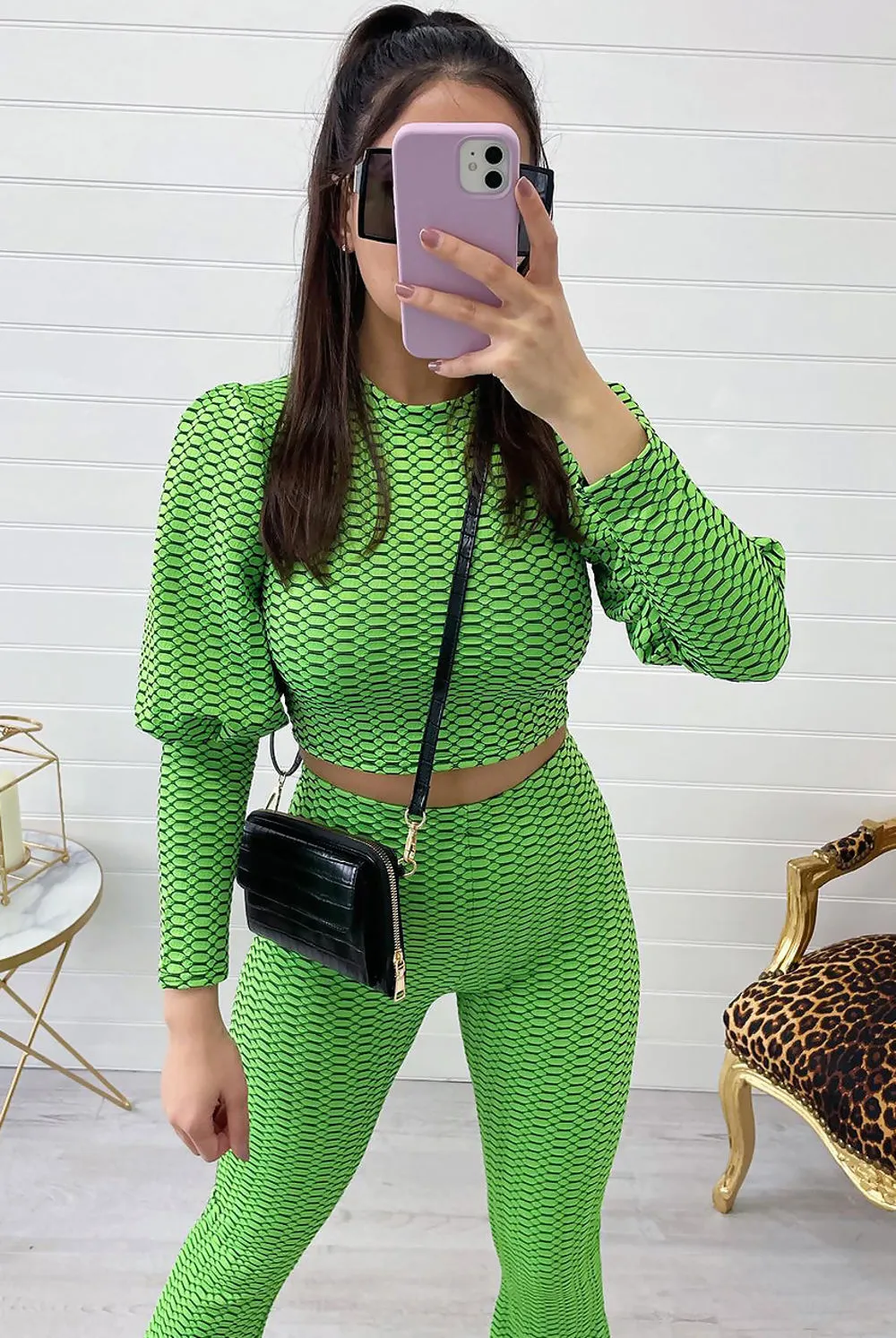 Green Printed Round Neck Crop Top & Flare Trouser Set