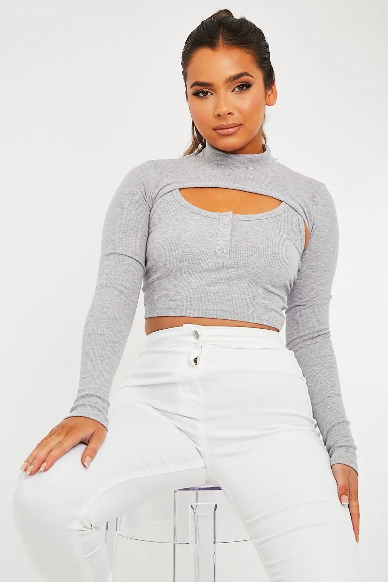 Grey Double Layer High Neck Crop Top - Mahani