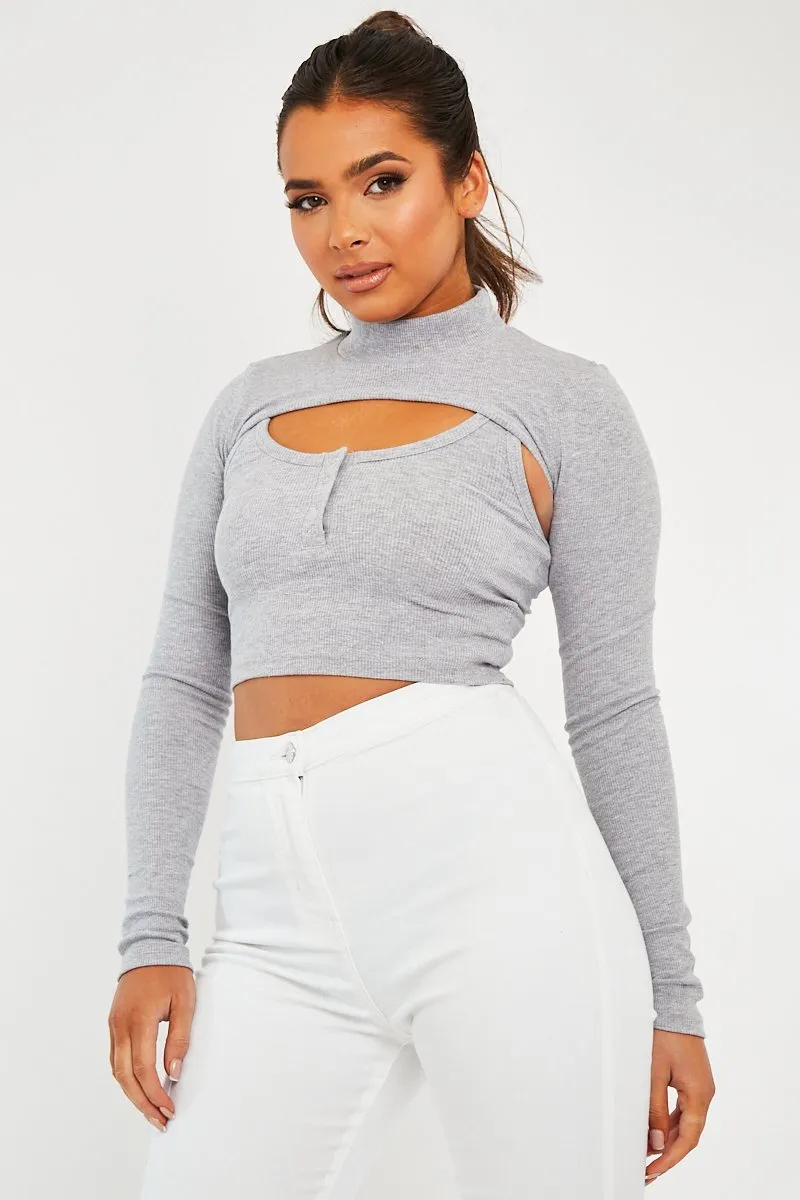 Grey Double Layer High Neck Crop Top - Mahani