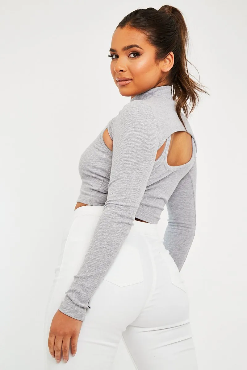 Grey Double Layer High Neck Crop Top - Mahani