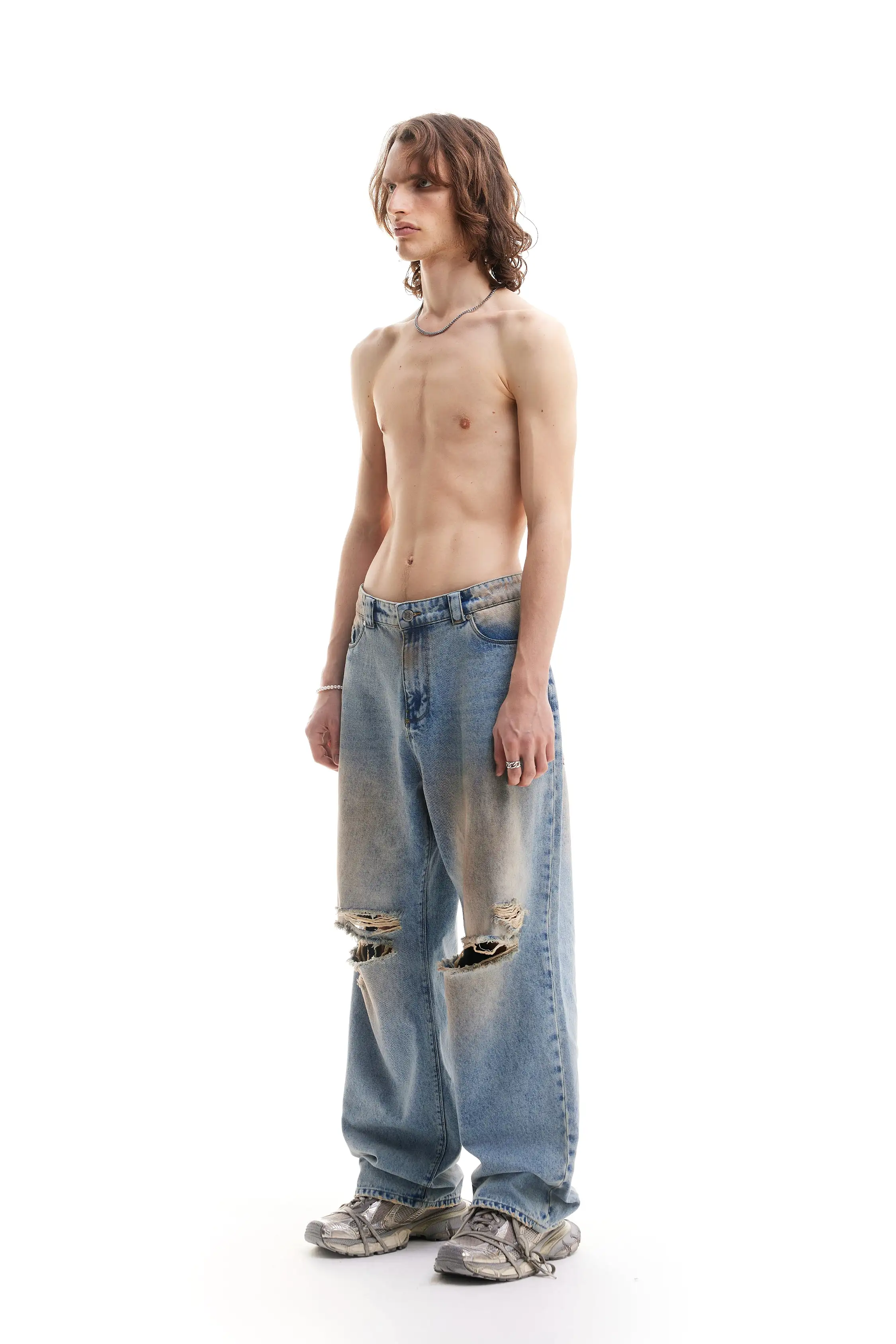 HEAVY BAGGY DISTRESSED DENIM  SAND WASHED DIRT WASH