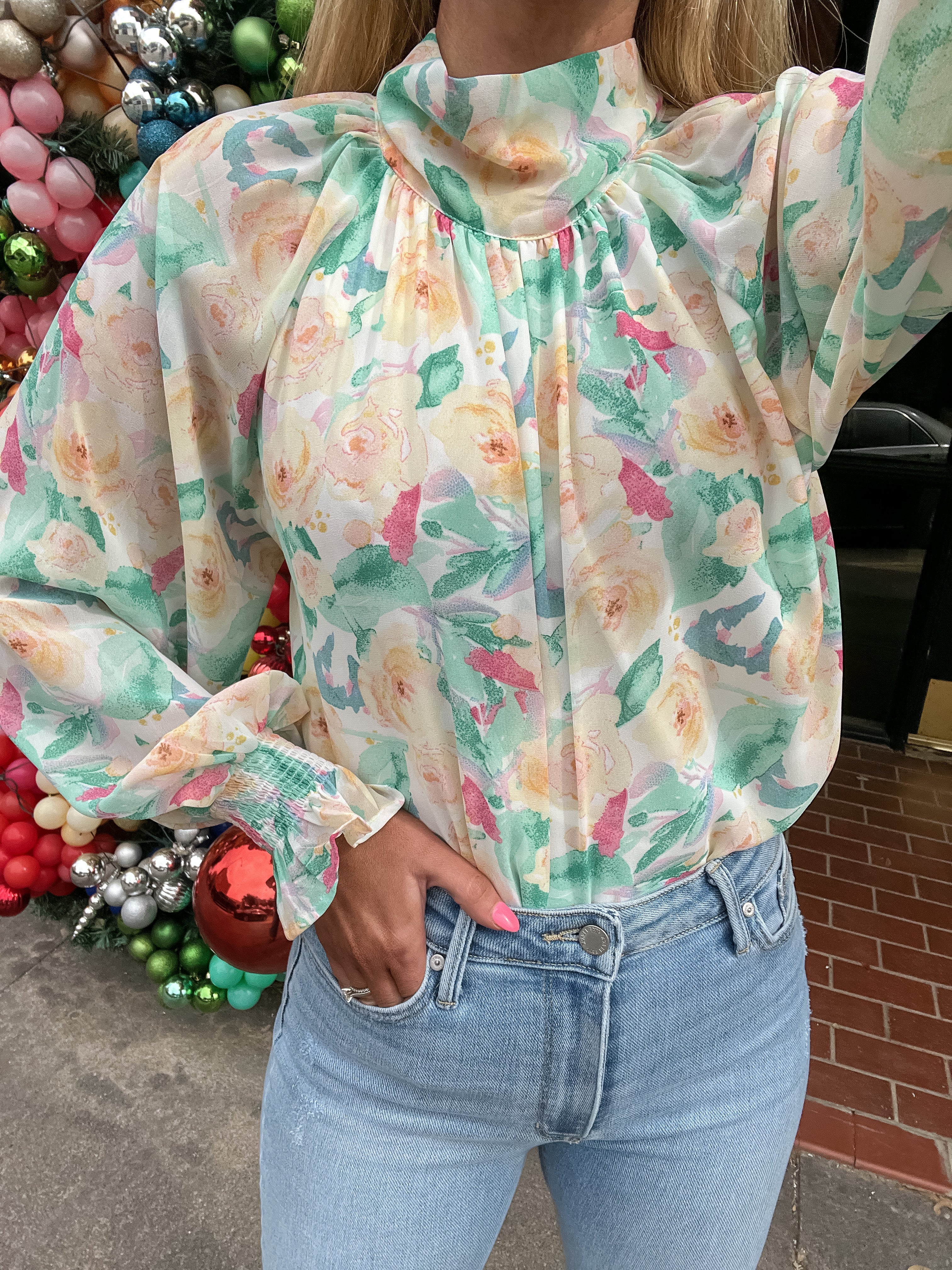 High Neck Floral Top - Green/Orange