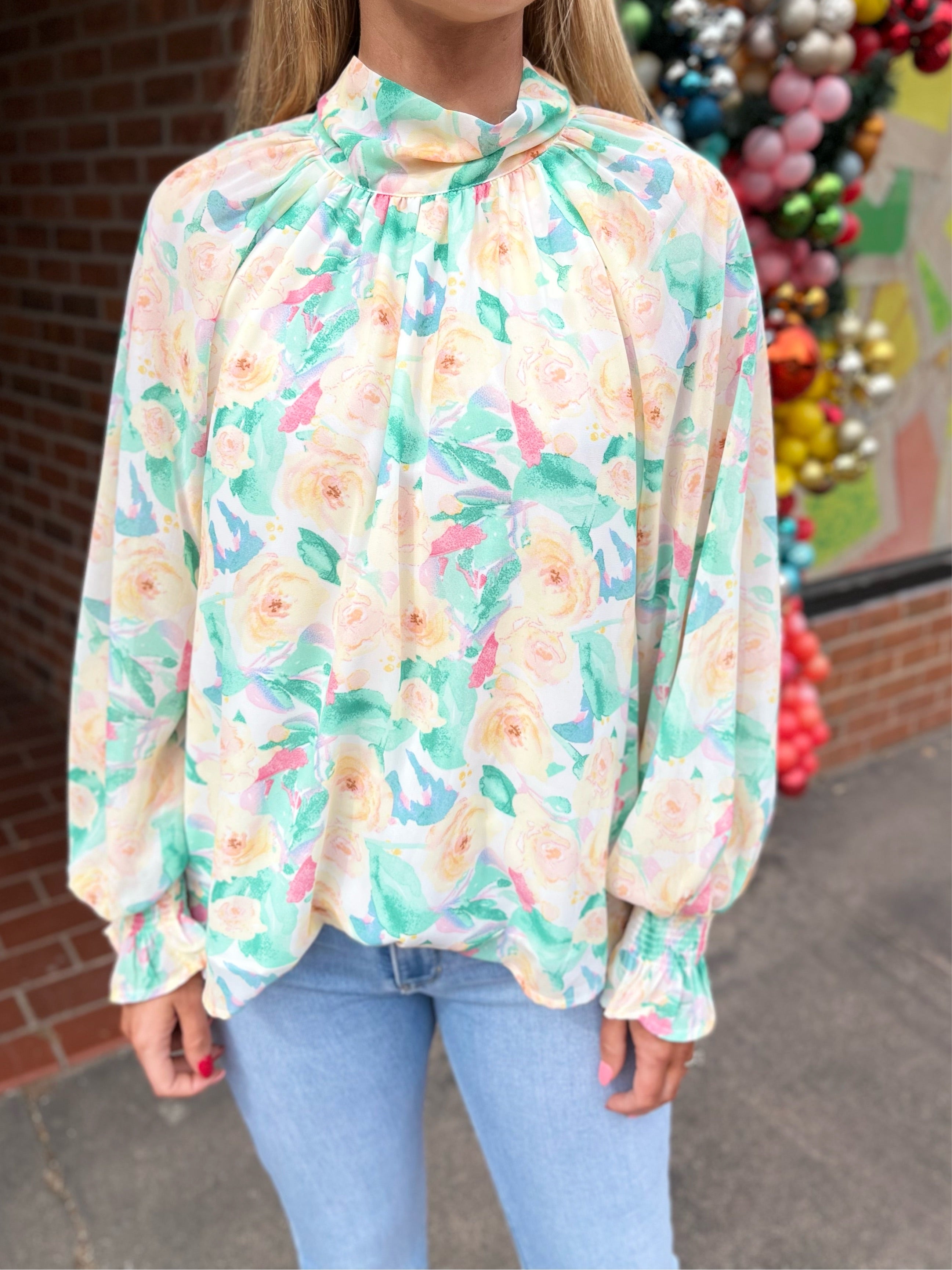 High Neck Floral Top - Green/Orange