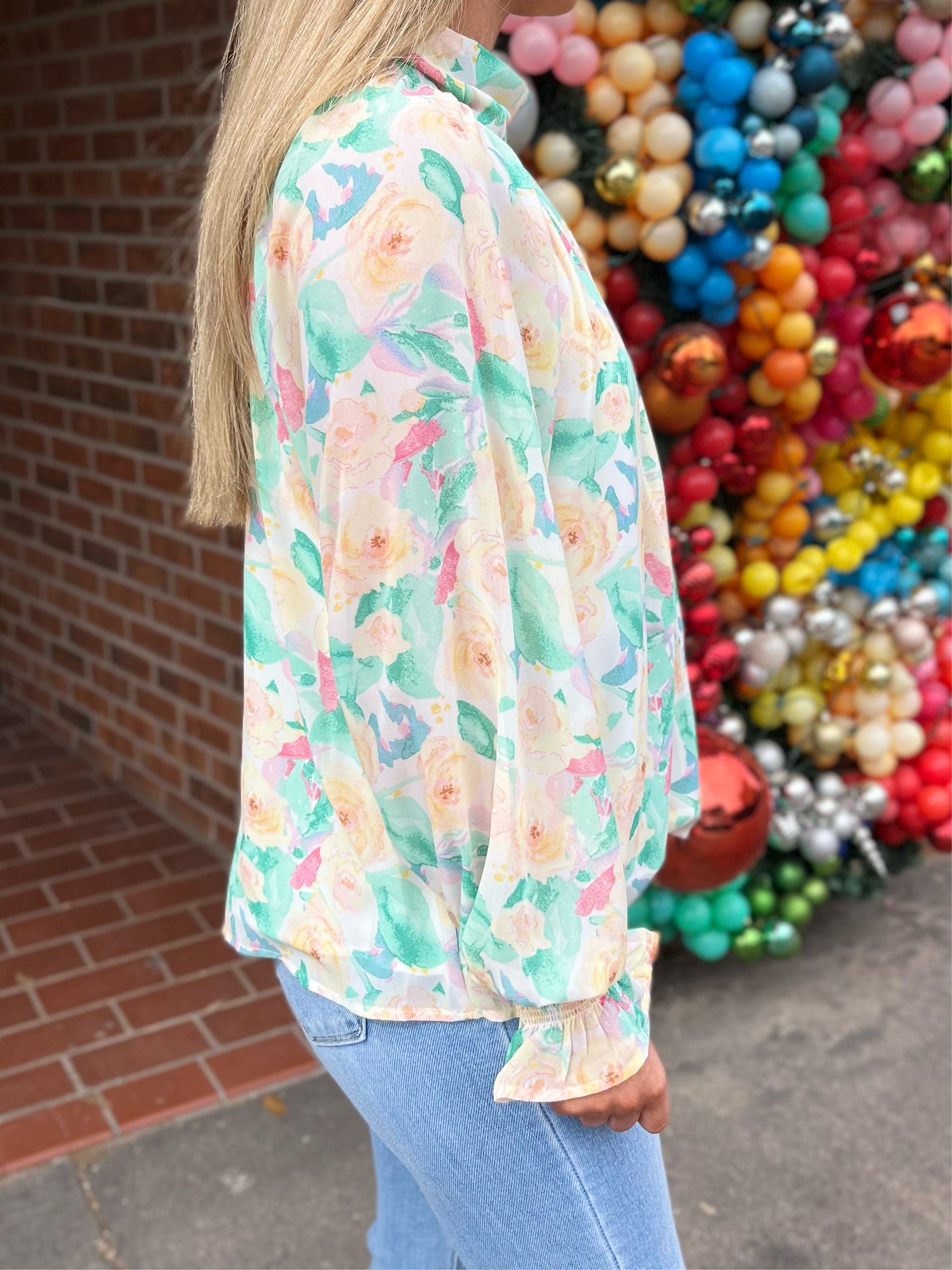 High Neck Floral Top - Green/Orange