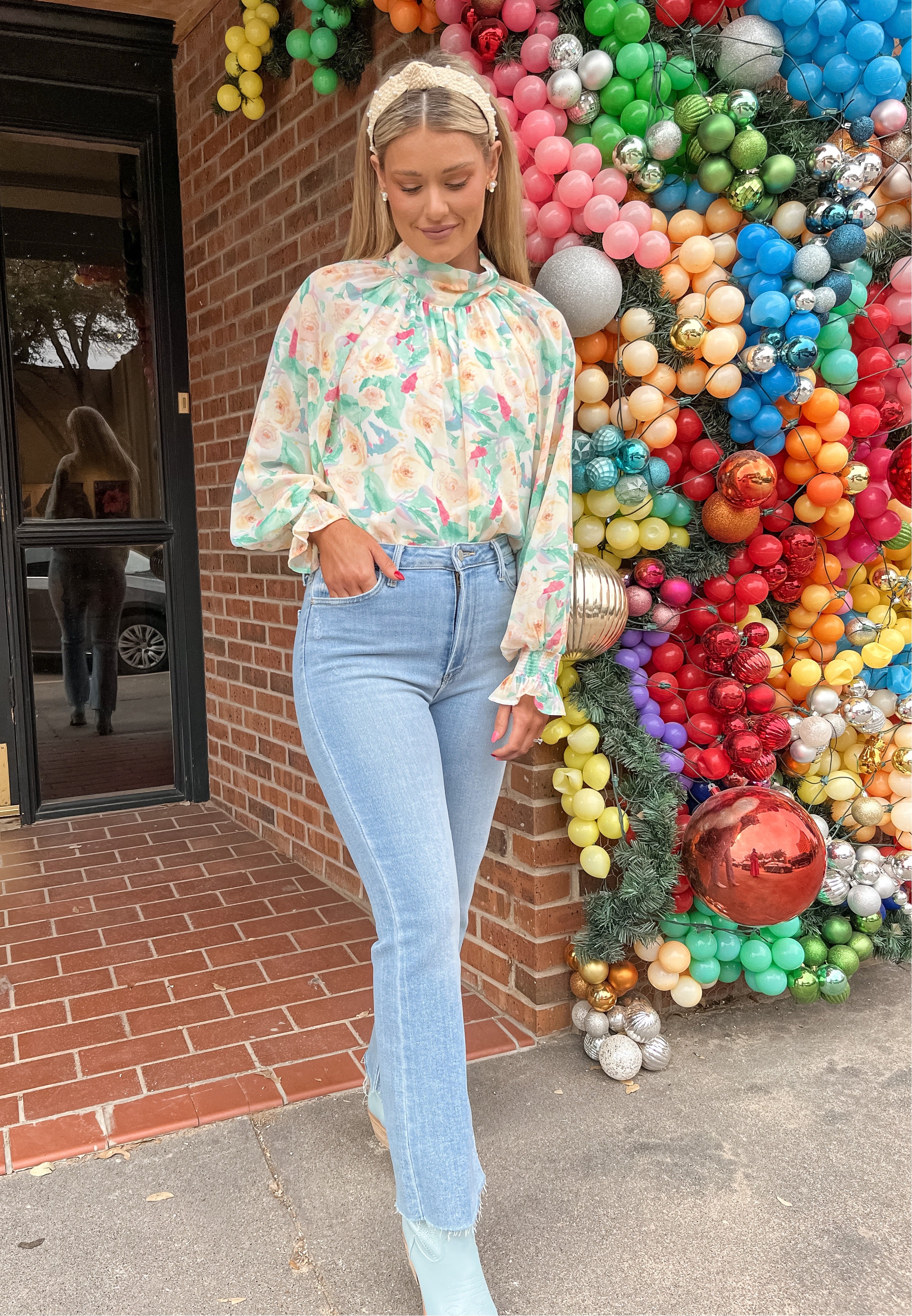 High Neck Floral Top - Green/Orange