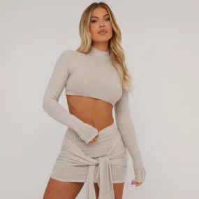 High Neck Long Sleeve Extreme Crop Top In Stone Soft Rib