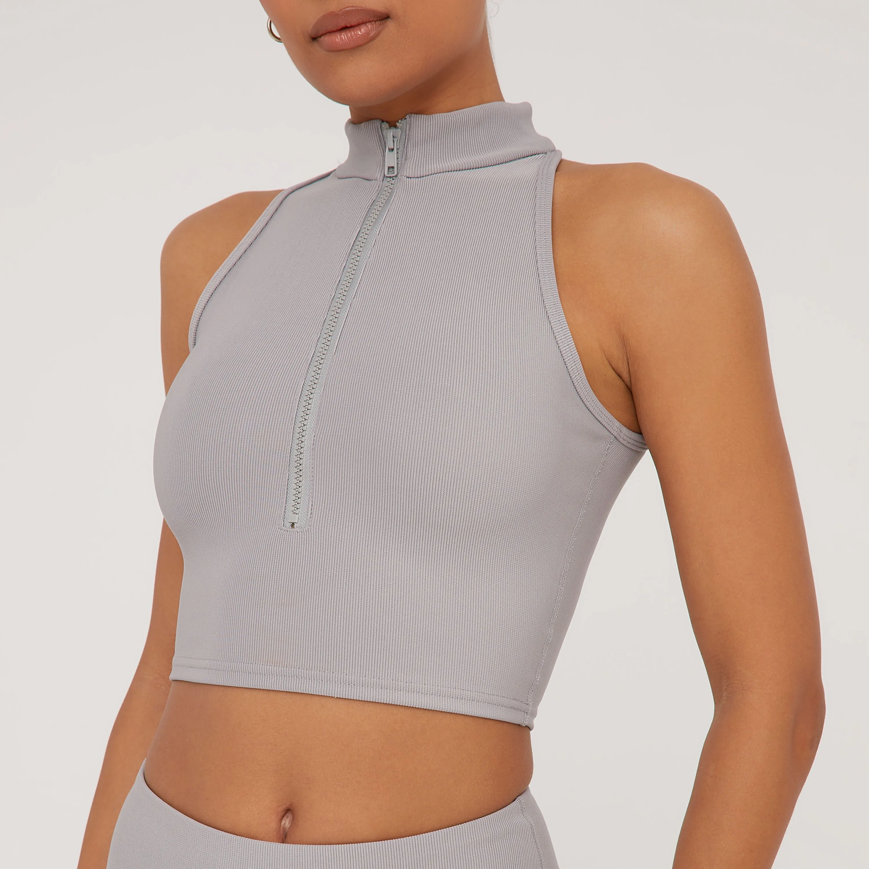 High Neck Zip Front Sleeveless Crop Top And High Waist Shorts Sculpt Co-Ord Set In Grey Rib