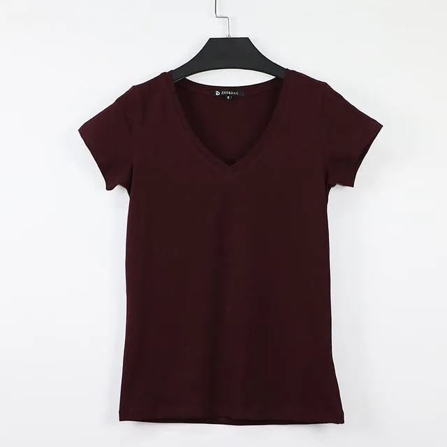 High Quality V-Neck 15 Candy Color Plain Cotton Basic T-Shirt for Women