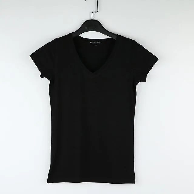 High Quality V-Neck 15 Candy Color Plain Cotton Basic T-Shirt for Women