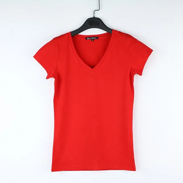 High Quality V-Neck 15 Candy Color Plain Cotton Basic T-Shirt for Women