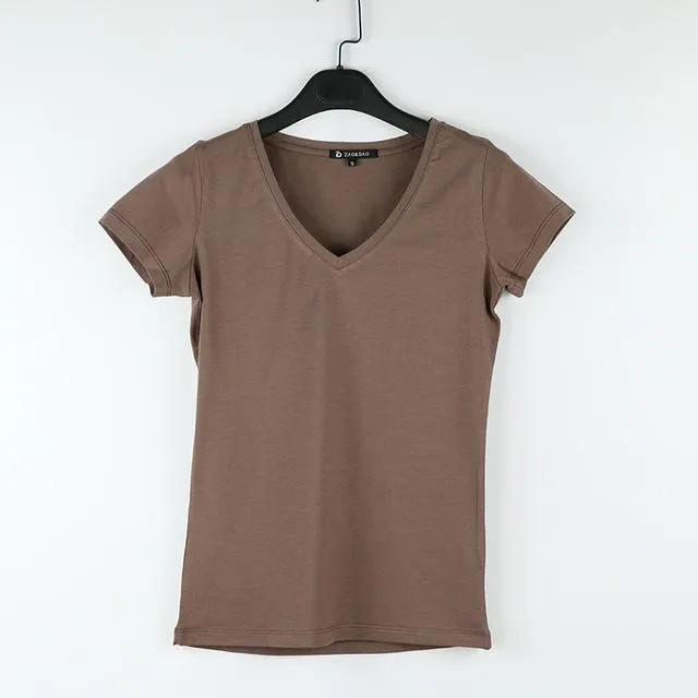 High Quality V-Neck 15 Candy Color Plain Cotton Basic T-Shirt for Women