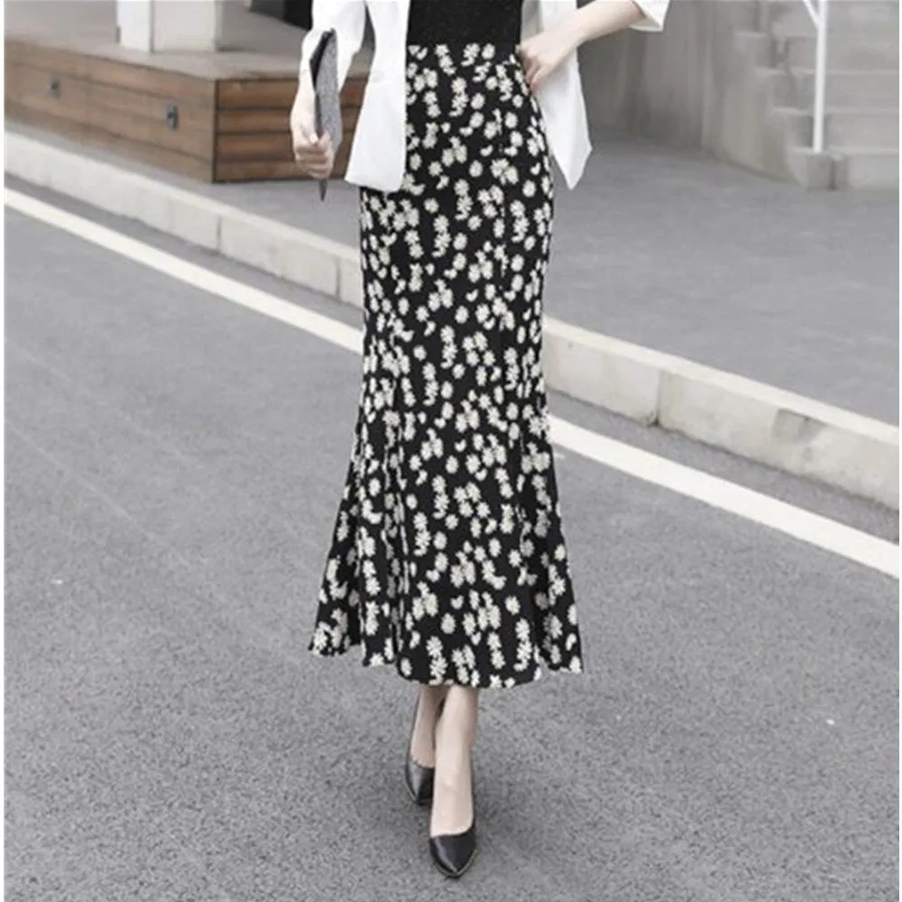 High Waist Floral Long Trumpet Women Summer Zipper Slim Mermaid Jupe Office Ladies Bottoms Floral Skirt